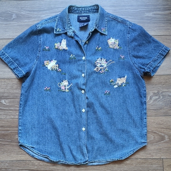 Vtg Kitty Cat Floral Garden Denim Button Down Shirt - Short Sleeve - Solutions M - Picture 5 of 13